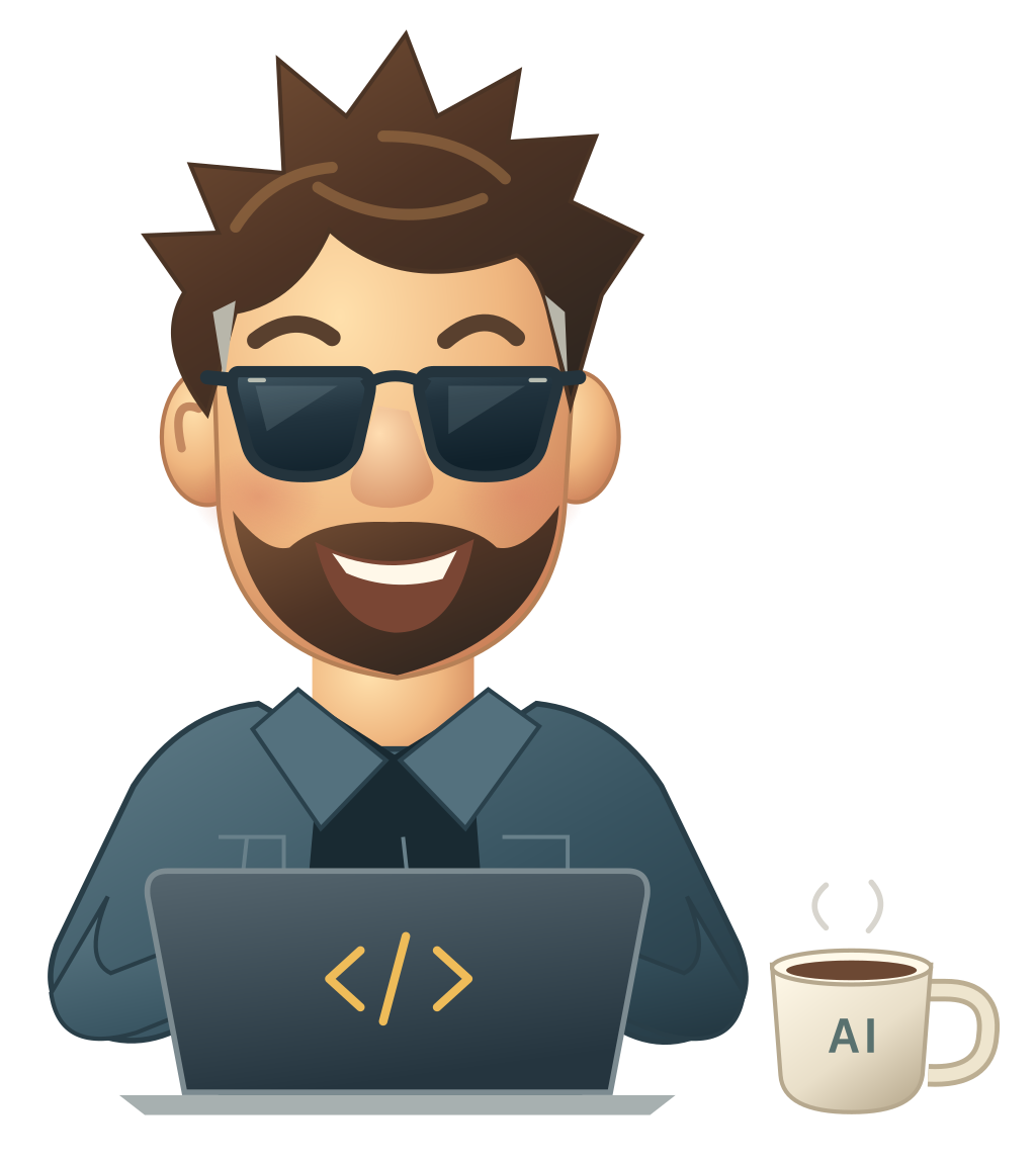 Craftsman, our mascot, wearing sunglasses and working at a laptop beside a coffee mug